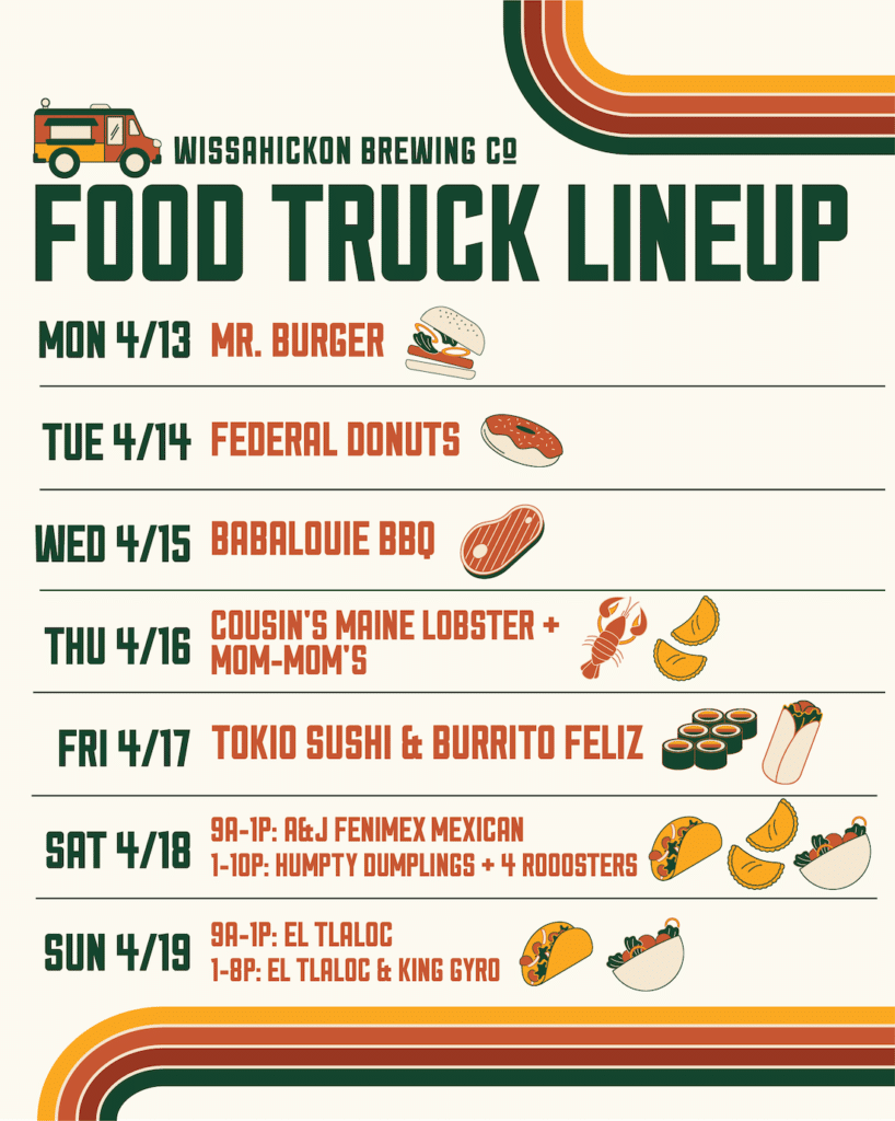 An image of Wissahickon Brewing Company's list of food trucks on schedule the week of March 16