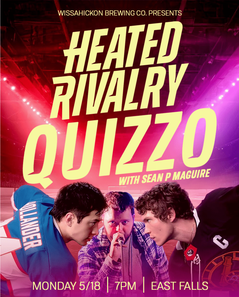 A photo showing a promotion for a Heated Rivalry Themed Quizzo. It features a title above and an image of two lead character from the show with the quizzo host.