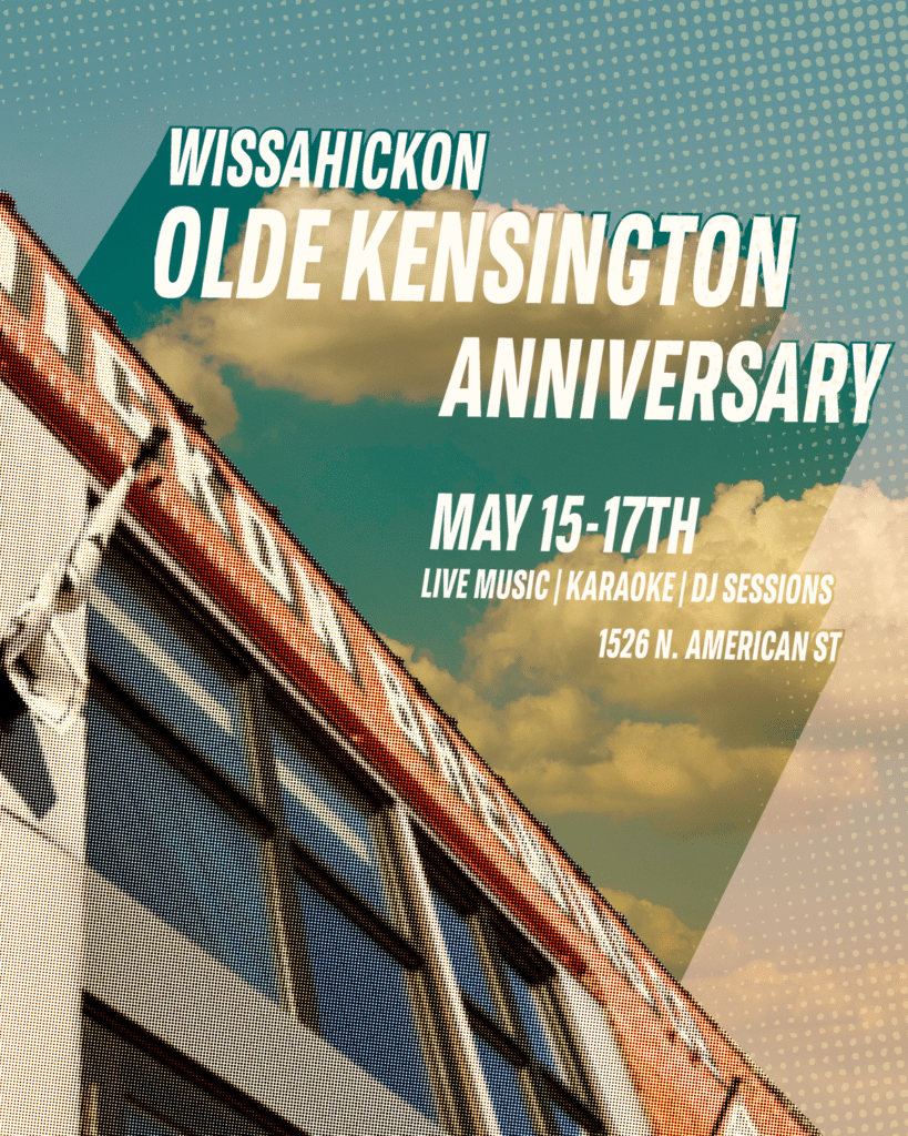 An image shows a pixelated view of the Wisahickon Brewing company facade in front of a blue sky. In the sky reads "wissahickon olde kensington anniversary"