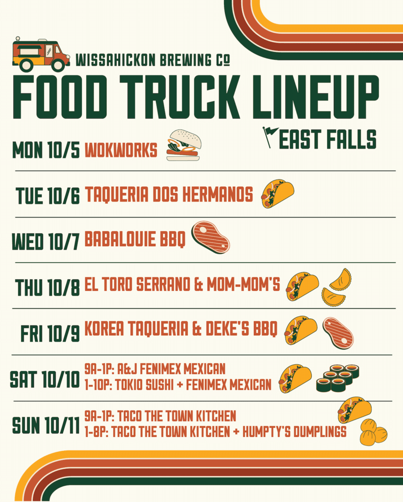 A digital image shows a list of food trucks scheduled at wissahickon brewing company.